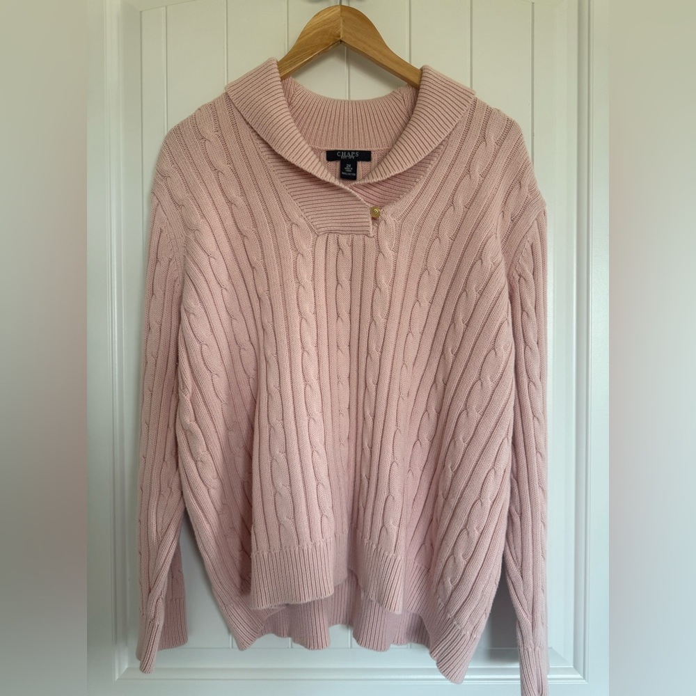 Chaps Pink Cable Knit Shawl Collar Sweater Button Accent Pullover Cozy 2X - Picture 7 of 8